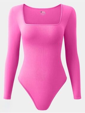 OQQ Pink Ribbed Square Neck Long Sleeve Bodysuit
